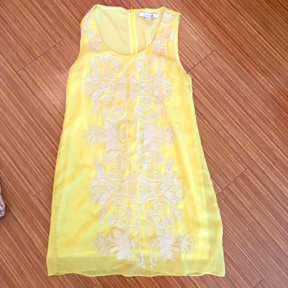 Yellow chiffon dress with white embroidery